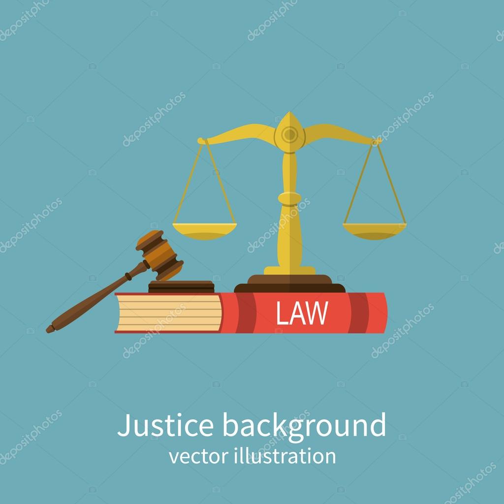 Symbol of law and justice. Concept law and justice. Scales of justice, gavel and book. Vector illustration flat design. For web banners, promotional materials, presentation templates