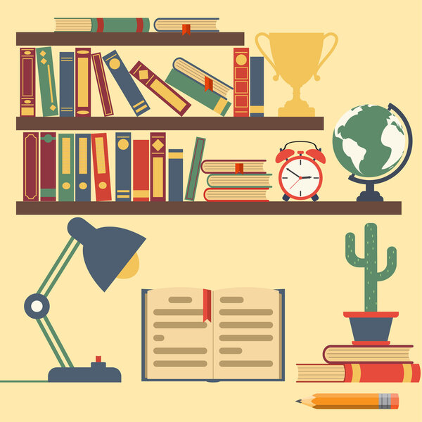 Книжные полки с книгами, домашняя библиотека
