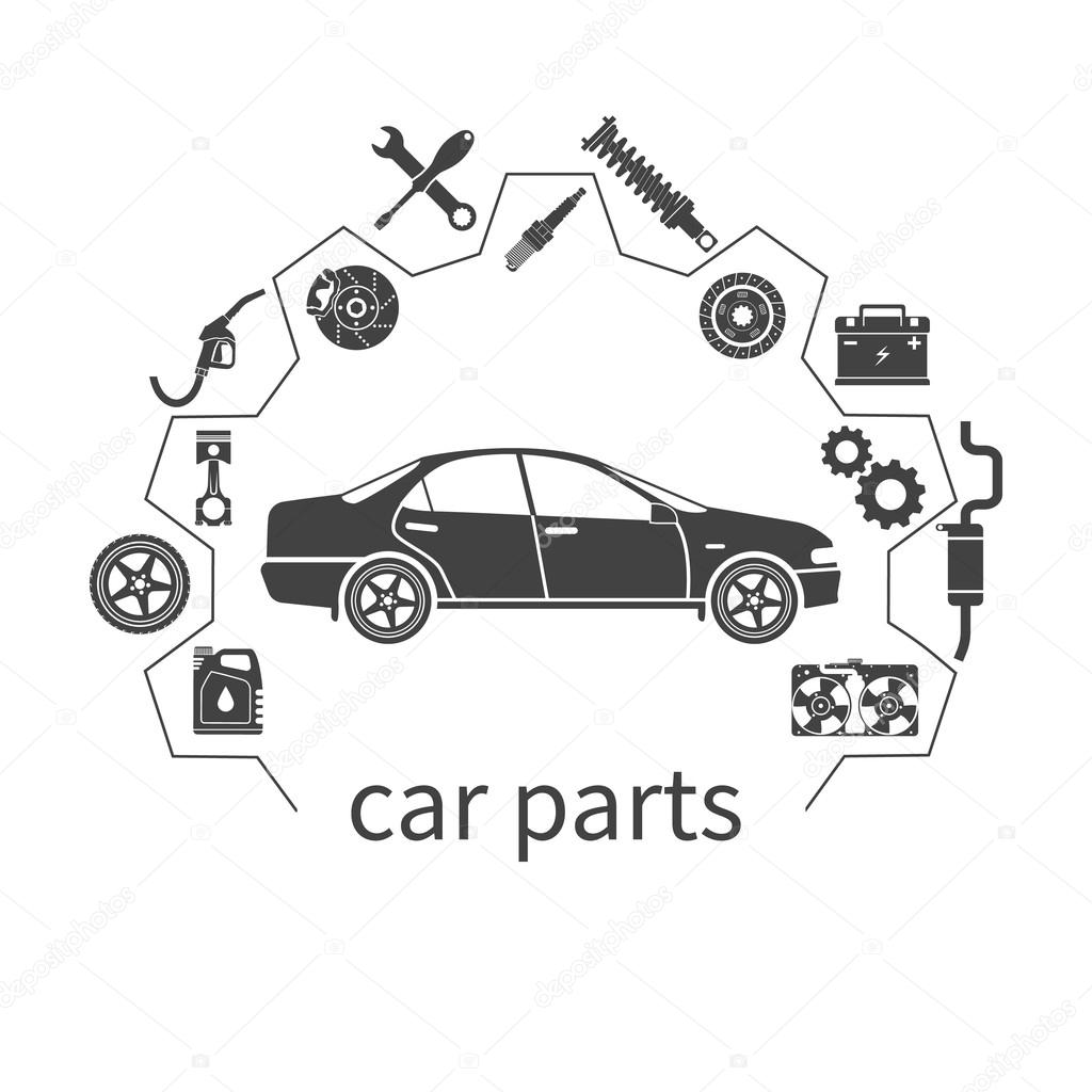 Car parts. Set icons auto spare parts for repairs. Vector illustration. Concept car and spare parts. Can be used as a logo store for the sale of spare parts, web banner, print. Vector