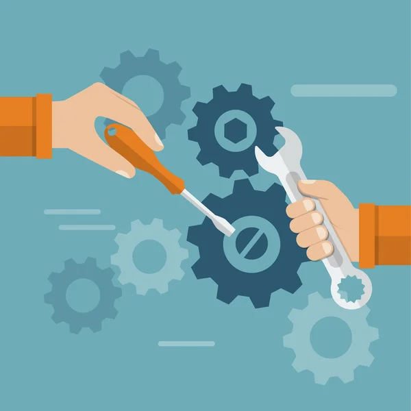 Ekip çalışması. Eller takım mekanizması onarmak için bir araç ile