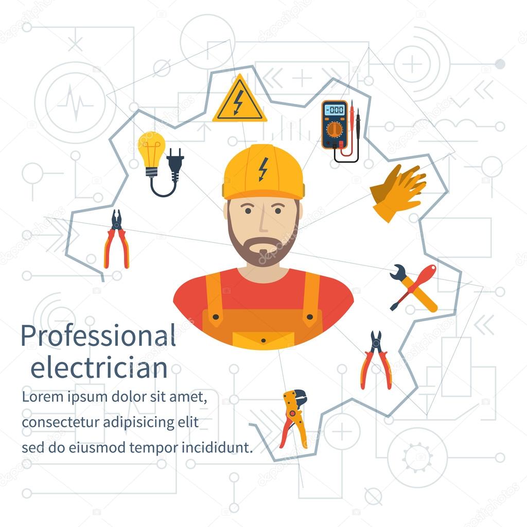 Electricity design concept. Professional electrician. Electricity service. Maintenance and repair of electrical circuits. Electricity service.Icons and security instrument. Flat vector illustration