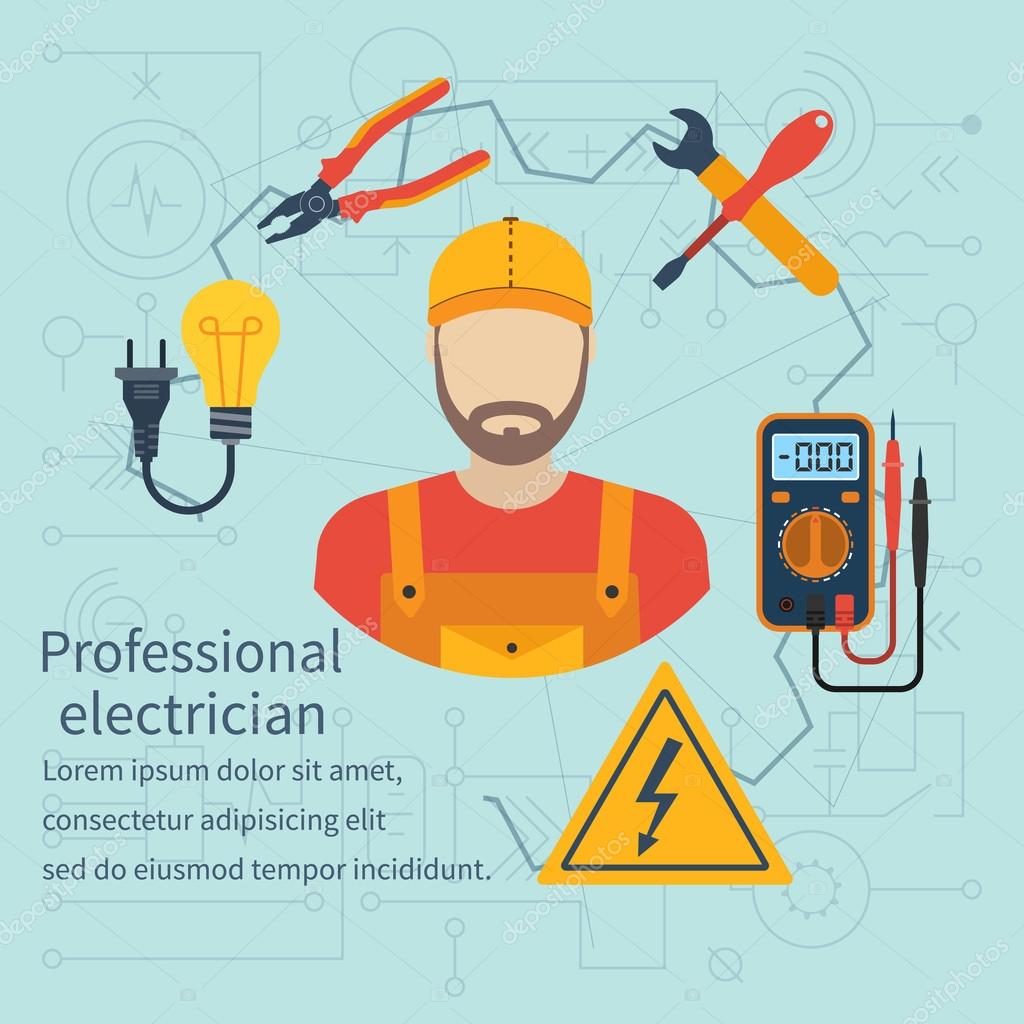 Professional electrician icon. Equipment and tools electrician. Banner concept profession electrician. Isolate icons electricity in flat style. Electrician on background of electrical circuit. Vector.