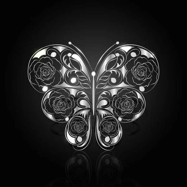 在黑色背景上的银色抽象蝴蝶 — 图库矢量图片