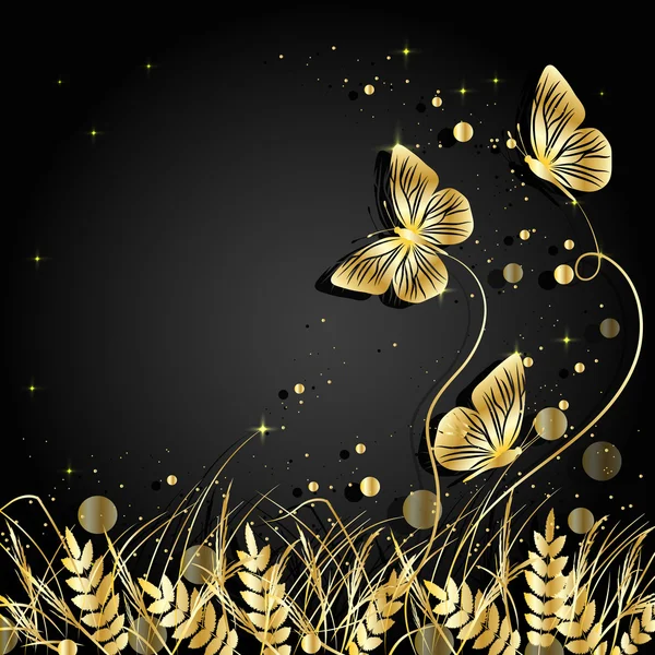 Gras en vlinders silhouetten achtergrond. — Stockvector