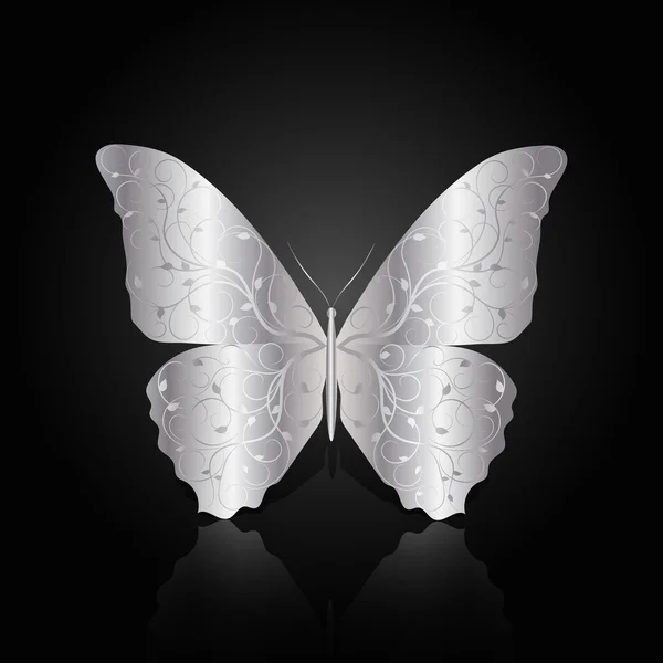 Mariposa abstracta de plata sobre fondo negro — Vector de stock