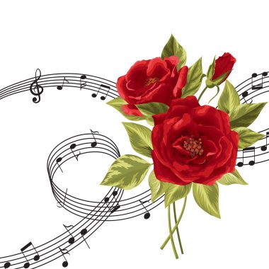 Müzik notaları ile kırmızı gül.
