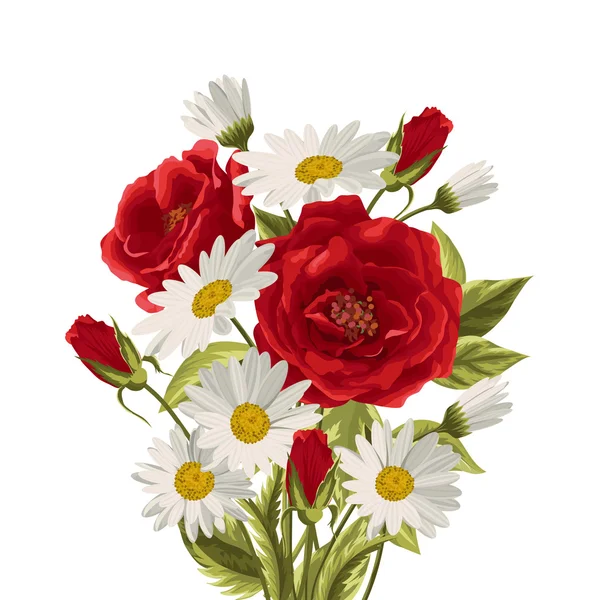 Hermosas margaritas blancas y rosas rojas — Archivo Imágenes Vectoriales