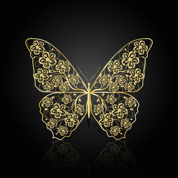 Gold butterfly with floral pattern. — Stock Vector