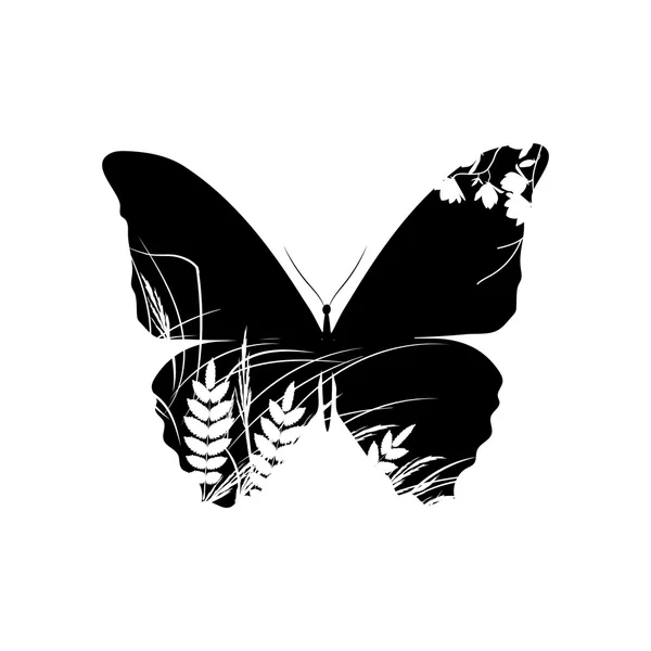 Silueta de mariposa con hierba — Vector de stock