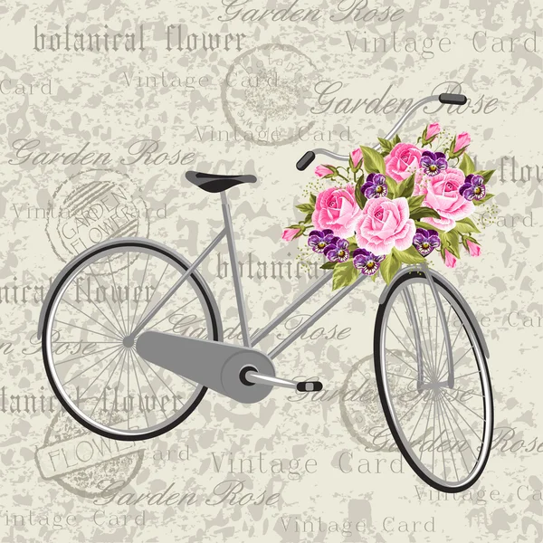 Bicicleta cinza com uma cesta cheia de flores — Vetor de Stock