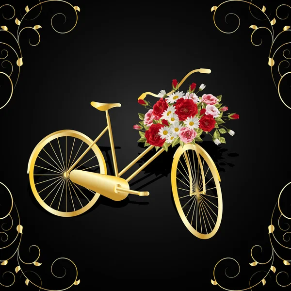 Золотий велосипед з кошиком, повним квітів — стоковий вектор