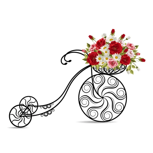 Bicicleta velha com uma cesta cheia de flores — Vetor de Stock