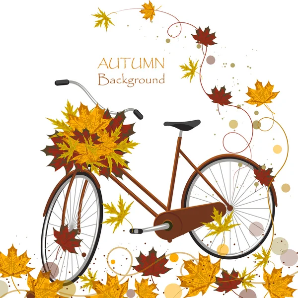 Latar belakang musim gugur dengan daun berwarna-warni dan sepeda - Stok Vektor