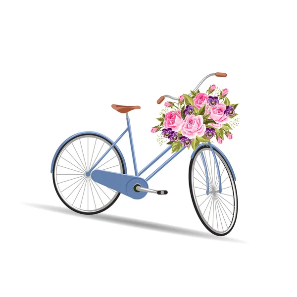 Bicicleta azul com uma cesta cheia de flores — Vetor de Stock