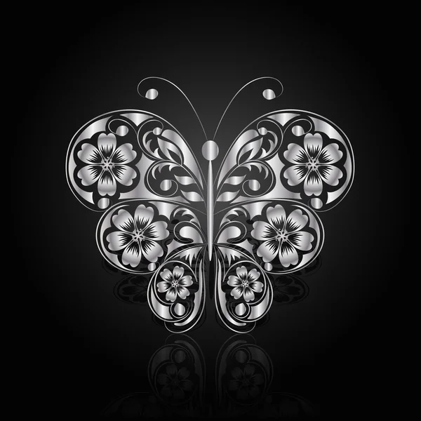 Mariposa de plata con patrón floral . — Vector de stock