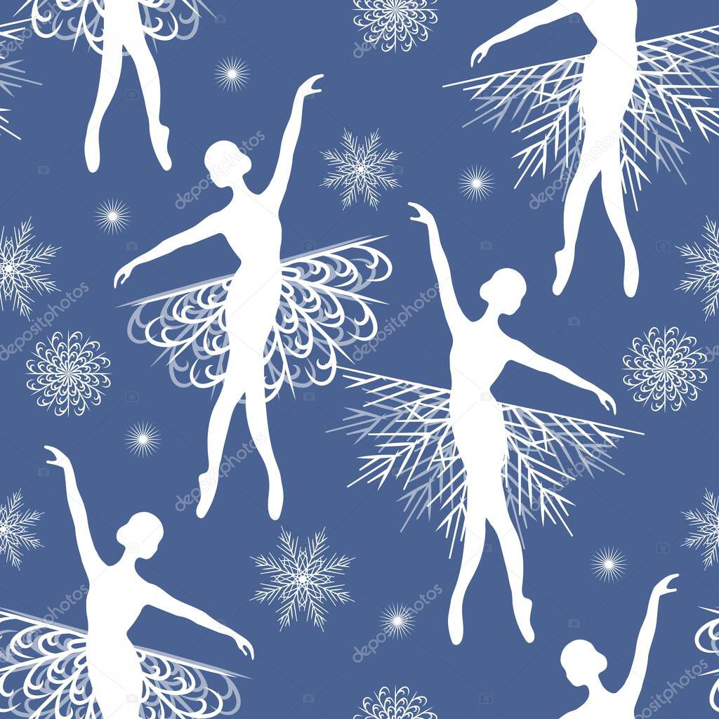 Seamless pattern with the ballerina and snowflakes