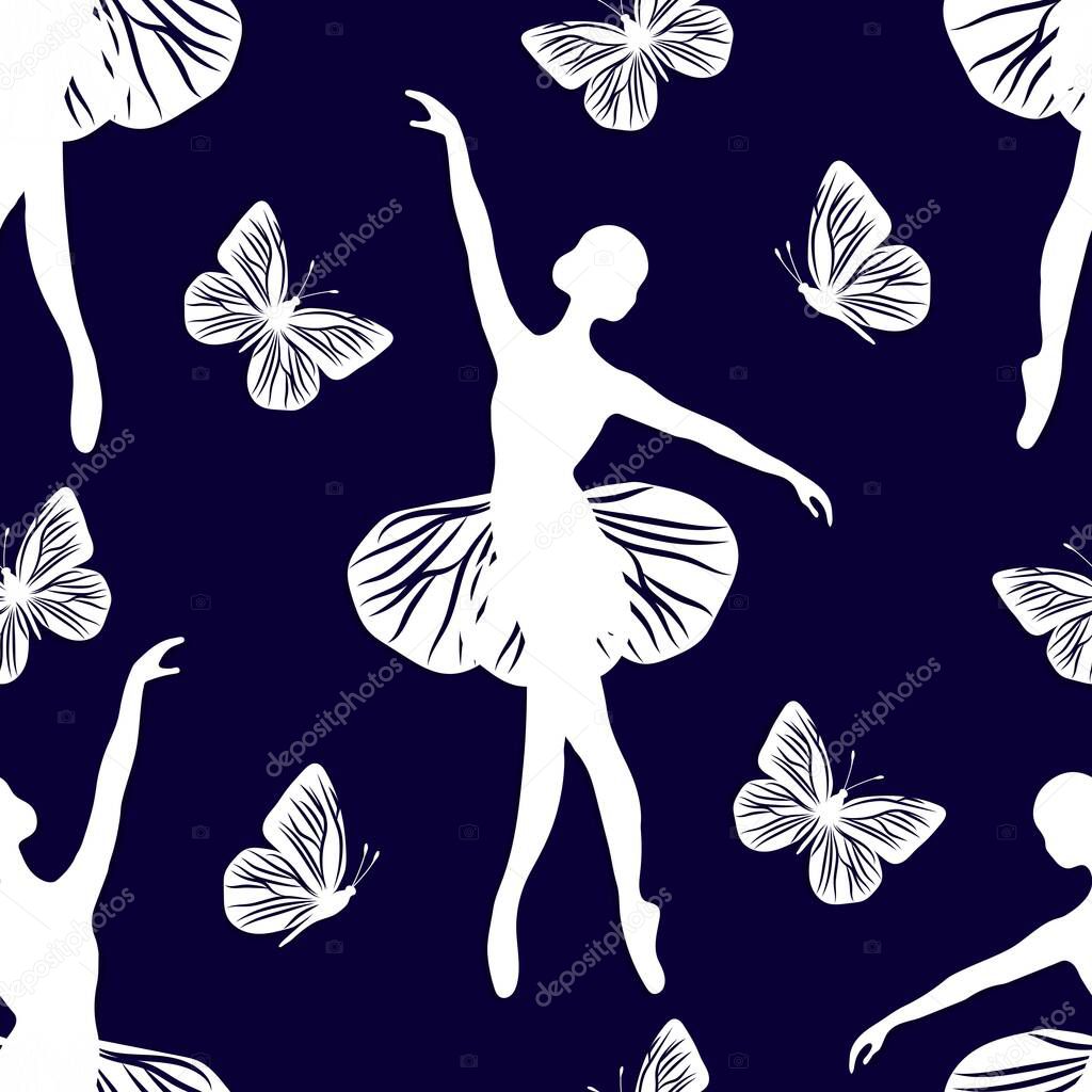 Seamless pattern with dancing girl and butterflies