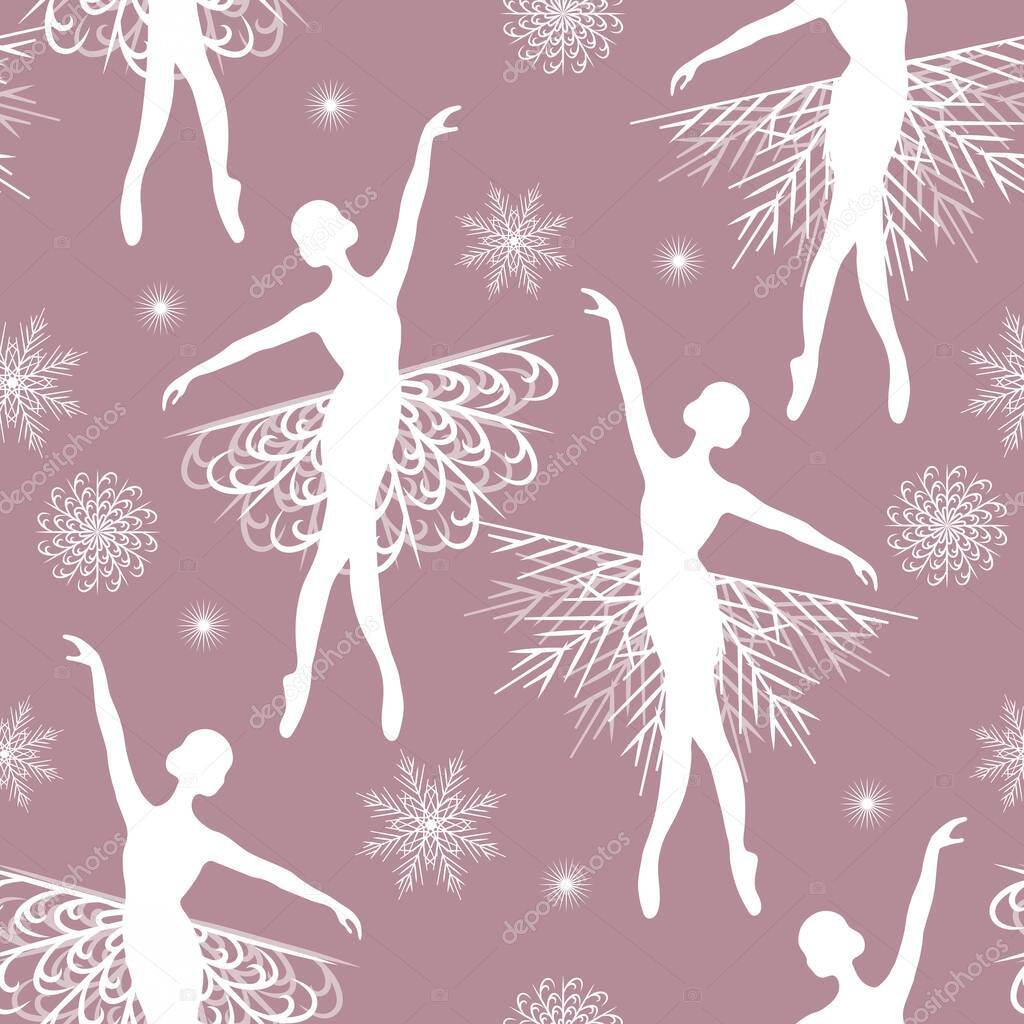 Seamless pattern with the ballerina and snowflakes