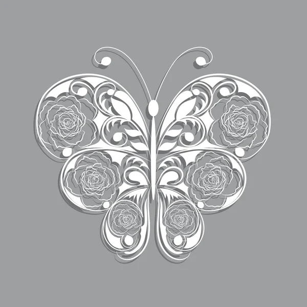 White paper butterfly with floral pattern on gray background. — Stock Vector