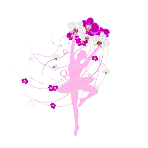 Tierna bailarina sosteniendo un arreglo de flores de orquídea con cintas . — Vector de stock