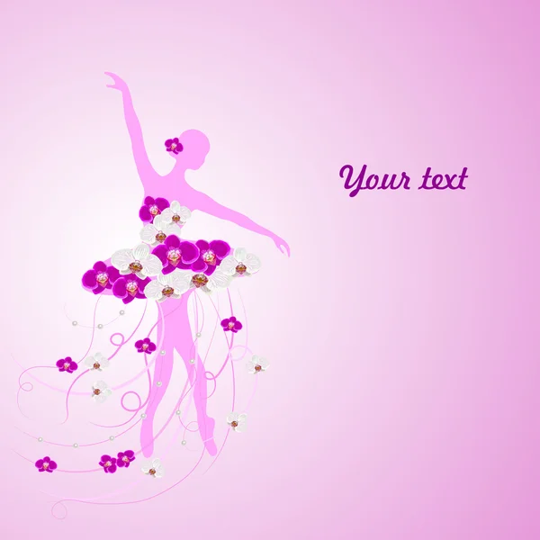 Latar belakang yang indah dengan balerina lembut dalam gaun bunga dan tempat untuk teks Anda . - Stok Vektor