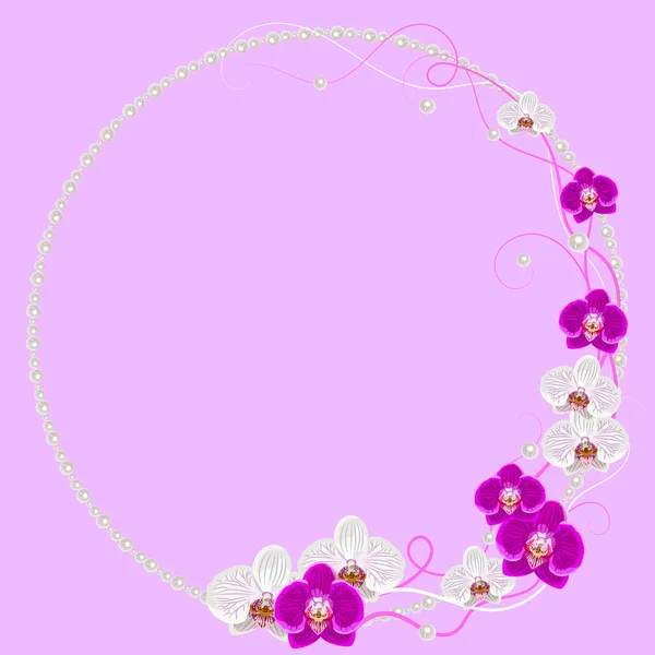Moldura delicada com flores de orquídea e pérolas em fundo rosa para cartão de saudação ou design de convite . — Vetor de Stock