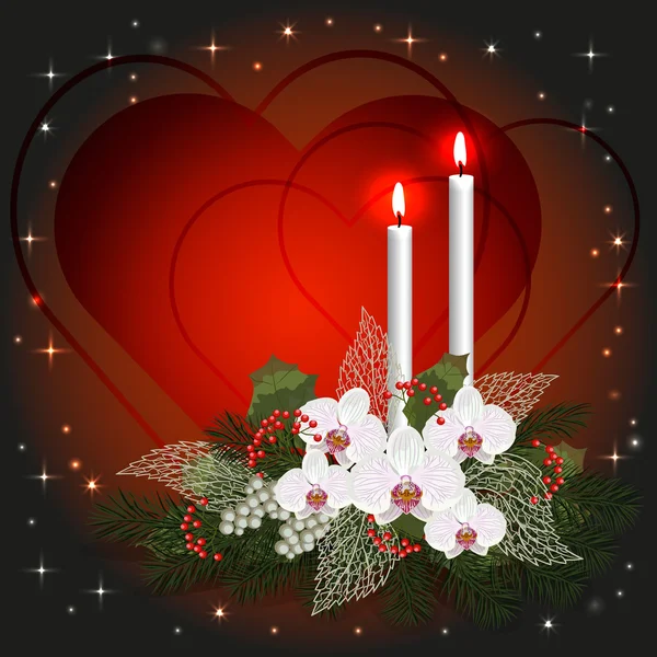 Tarjeta de felicitación de San Valentín con corazones de amor, decoraciones y velas encendidas . — Archivo Imágenes Vectoriales