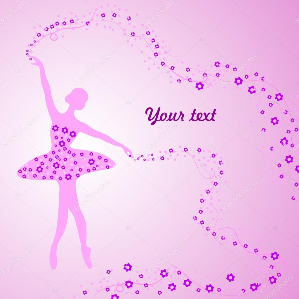 Greeting card with tender ballerina holding a whirl with flowers and ribbons.