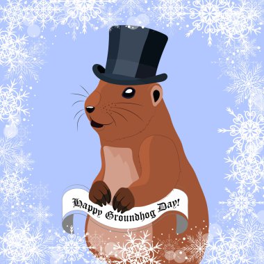 Groundhog Günü tebrik kartı ile kış arka plan üzerinde siyah şapkalı sevimli Dağ sıçanı.