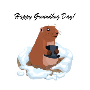 Vector illustration with cute groundhog holding black hat out of a hole. clipart