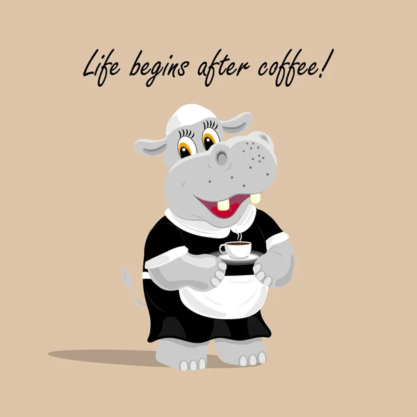 Ilustración vectorial con un lindo camarero hipopótamo sosteniendo una taza de café. La vida comienza después de las letras de café . — Vector de stock