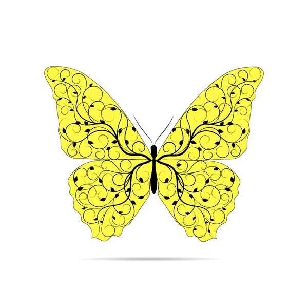 Schöner gelber Schmetterling mit floralem Muster. — Stockvektor