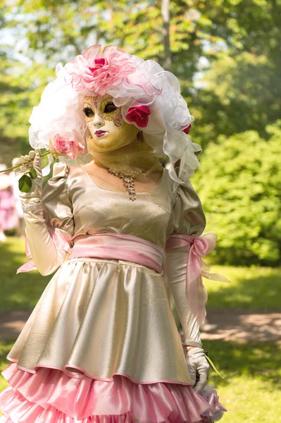 Carnaval veneciano. Mujer en vestido rosa y mascarilla con rosas — Foto de Stock