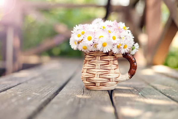 Small bouquet of daisies in the cup on grunge wooden board against green background Small floral present Mothers Day Daisy Bellis perennis garden flowers