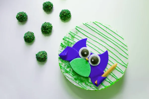 Cake for school party with owl. Beautiful Cake for Back to school with learning, education design — Stock Photo, Image