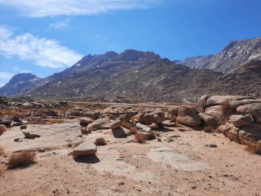Tabuk 'taki Altın Kaya bölgesinin çarpıcı gündüz perspektifi. Tarihi kırmızı kayalar, parlayan çöl kumları ve berrak mavi gökyüzü birleşerek pitoresk bir manzara oluşturuyor..