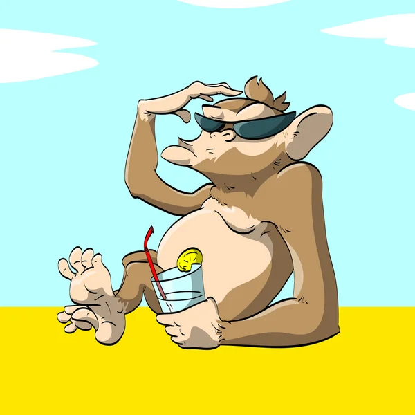 猴子用太阳镜在海滩上喝一杯. — 图库矢量图片