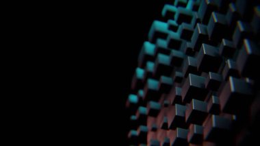 Karanlık, metalik küplerin hareketsiz 4K grafiksel arka planı dinamik bir dijital manzara oluşturuyor. Teknoloji, veri görselleştirme veya karmaşıklık ve yenilik çağrıştıran soyut projeler için ideal.