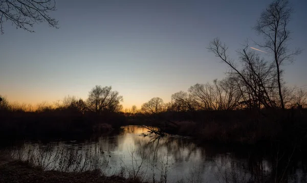 Çıplak ağaçlar solan bir alacakaranlık gökyüzü karşısında siluet durur; sakin su üzerindeki kasvetli yansımaları düşünceli ve sakin bir akşam havası yaratır.