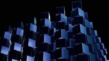 Titreyen metalik mavi küplerle dinamik soyut geometrik hareket grafikleri arkaplanı yansıtıcı dokularla evrimleşen dijital derinlik yaratır..