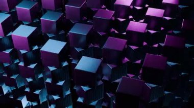 Dinamik mavi ve mor renkleri olan büyüleyici soyut hareketli grafikler arka planı. Parlak geometrik küpler ışık ve ince hareketlerle titreşiyor. Dijital ekranlar için hipnotik, modern teknoloji estetiği yaratıyor..