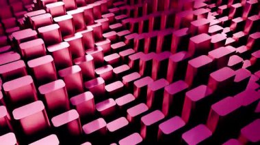 Kusursuz bir şekilde soyut geometrik hareketli grafikler arka planında dalgalanan pembe yuvarlak dikdörtgen prizmalar, dinamik derinlik ve evrimleşen doku oluşturur..