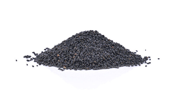 Pile of black sesame seeds isolated on white background