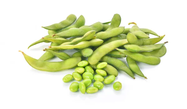 Green soybeans on white background — Stock Photo, Image