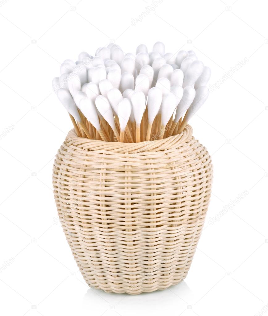 Wood , cotton buds isolated on white background