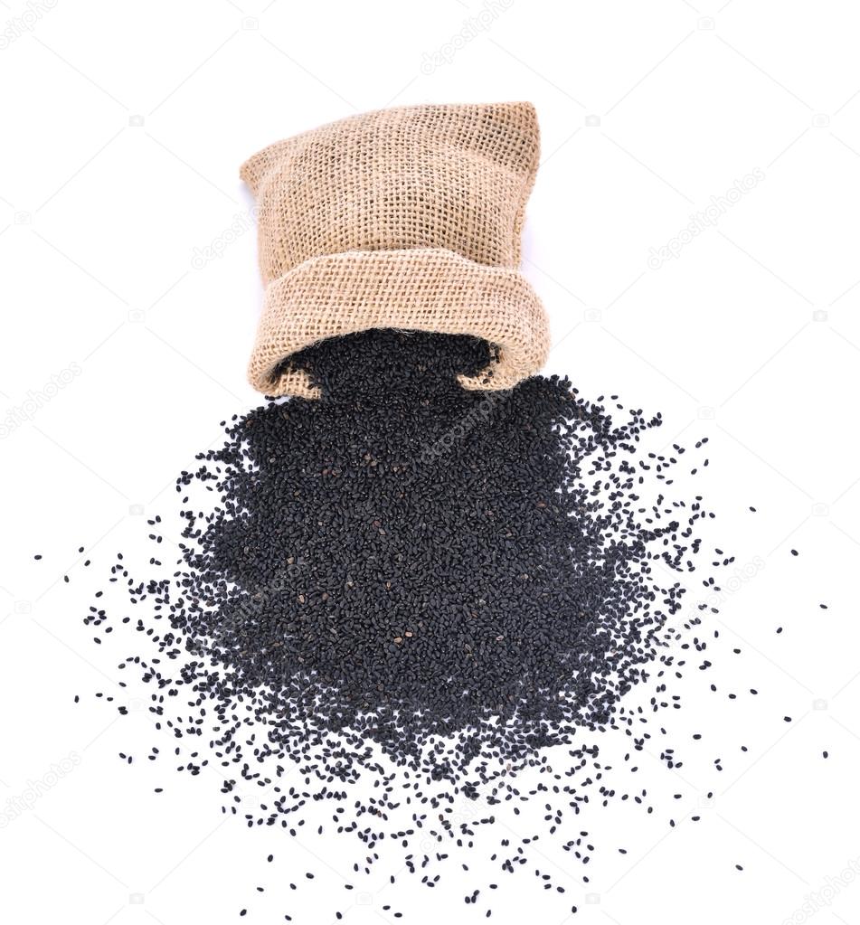 black sesame in small sack is isolated on white background
