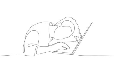 Continuous one line drawing of a guy resting his head on a laptop keyboard, symbolizing exhaustion, burnout, or overwork in the digital age, single line art