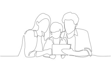 Continuous one line drawing of parents and child closely looking at tablet together, capturing family moment of learning and bonding, single line art