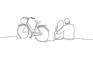 Bisiklet, aşk, arkadaşlık ve sükunet konsepti, tek satırlık sanat eserinin yanında oturan çiftlerin kesintisiz bir çizimi..