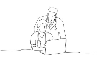 Sürekli olarak hemşire ve doktor çizimleri dizüstü bilgisayarda hastanın tıbbi geçmişini, sağlık hizmetleri konseptini, tek satırlık sanat eserlerini tartışıyor..